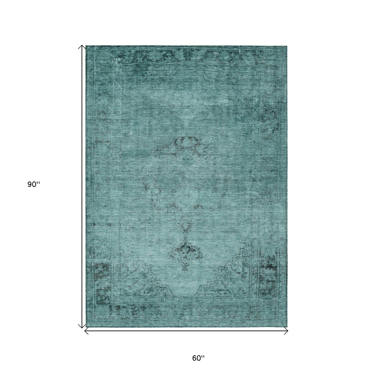 5' X 8' Teal Blue Turquoise And Charcoal Oriental Washable Indoor Outdoor Area Rug-2