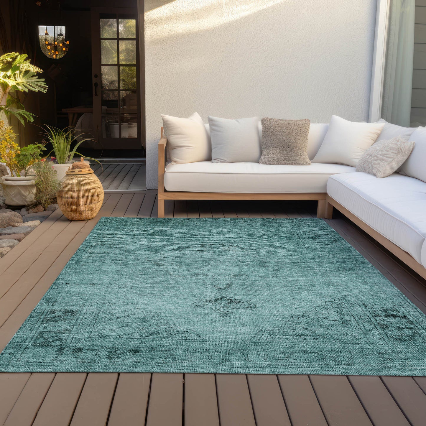 5' X 8' Teal Blue Turquoise And Charcoal Oriental Washable Indoor Outdoor Area Rug-6