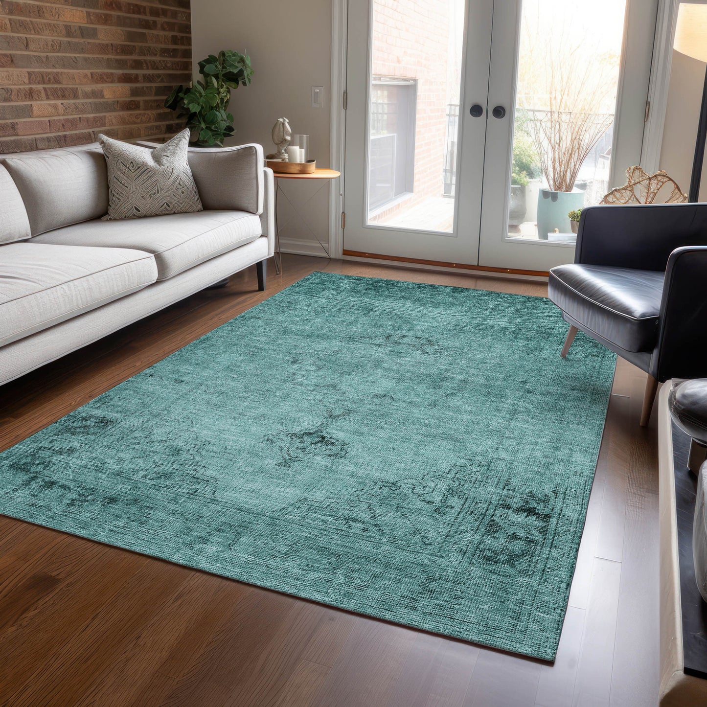 5' X 8' Teal Blue Turquoise And Charcoal Oriental Washable Indoor Outdoor Area Rug-7