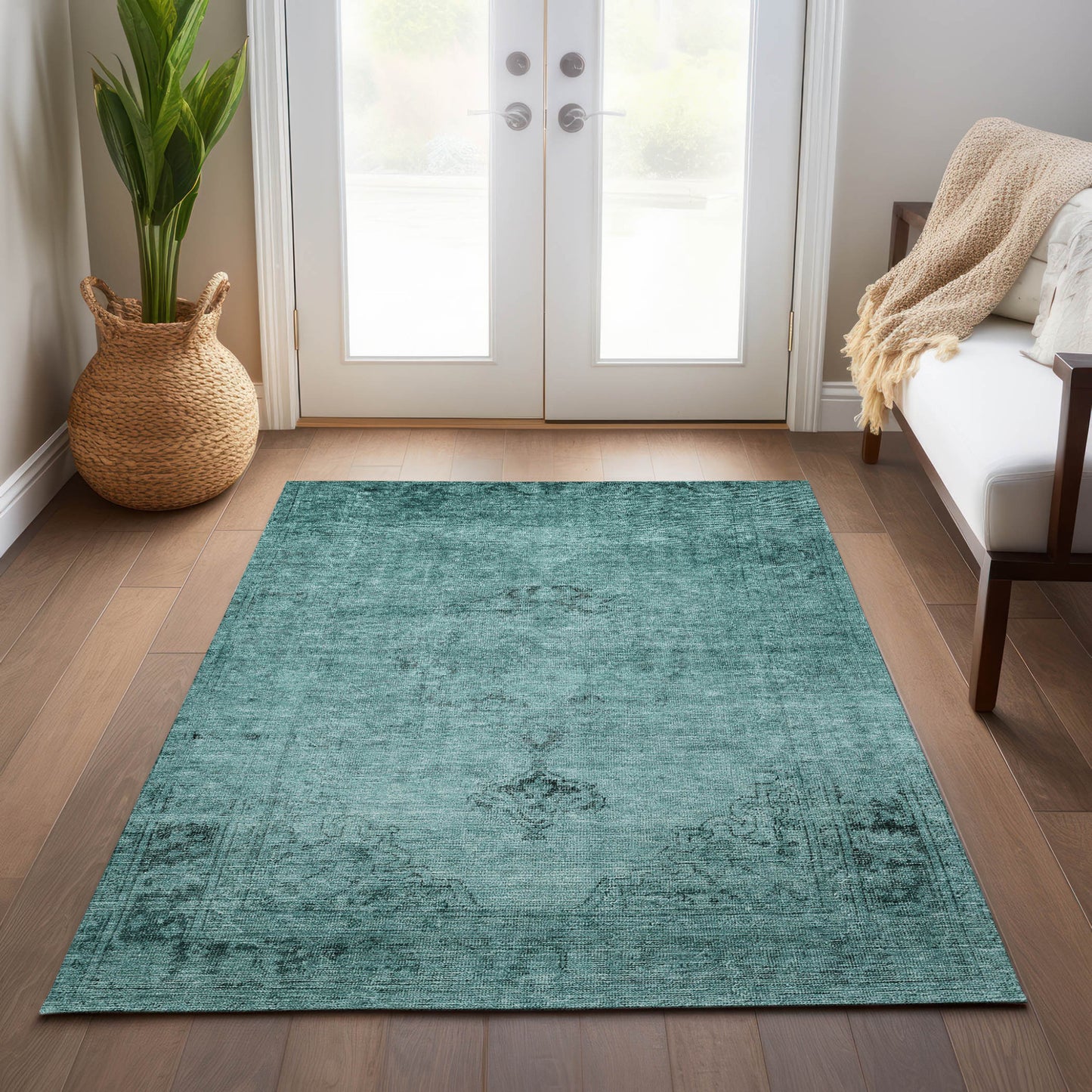 5' X 8' Teal Blue Turquoise And Charcoal Oriental Washable Indoor Outdoor Area Rug-8