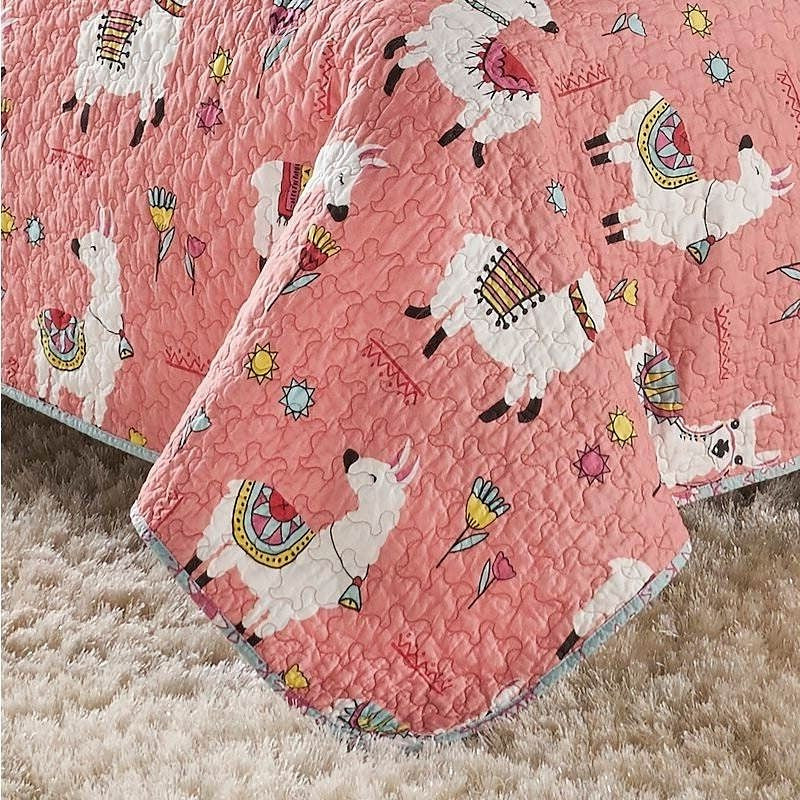 Full/Queen Pink Blue Reversible Floral Llama 100-Percent Cotton Quilt Set-1