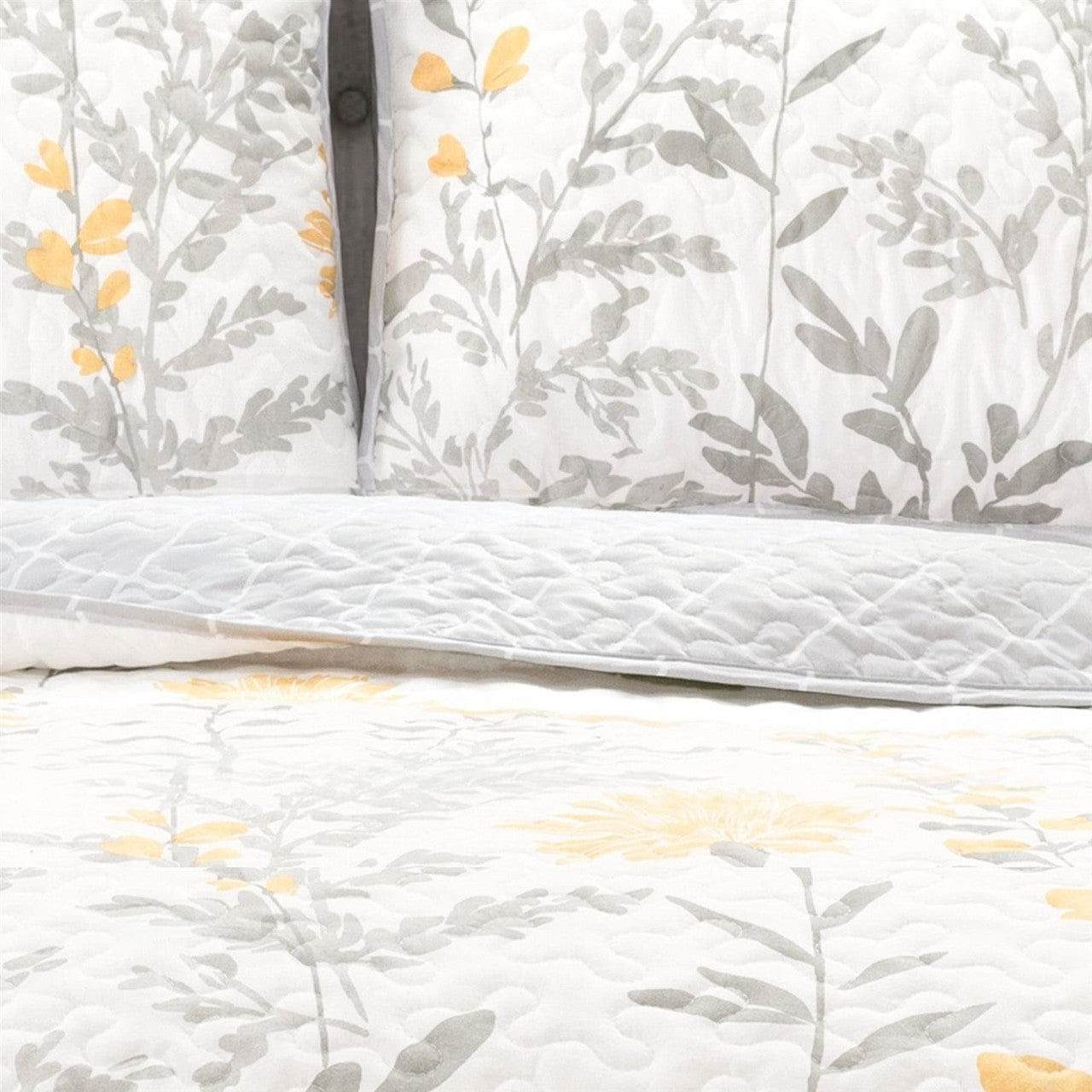 Full/Queen size Yellow Grey Floral Light Thin Cotton Polyester Blend Quilt Set-1