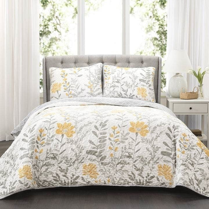 Full/Queen size Yellow Grey Floral Light Thin Cotton Polyester Blend Quilt Set-2