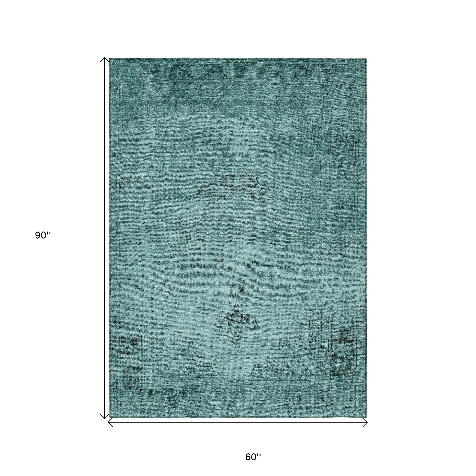 5' X 8' Teal Blue Turquoise And Charcoal Oriental Washable Indoor Outdoor Area Rug-2