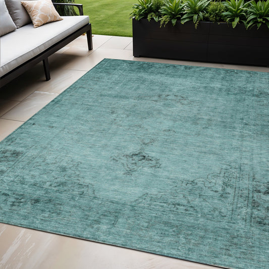 5' X 8' Teal Blue Turquoise And Charcoal Oriental Washable Indoor Outdoor Area Rug-0