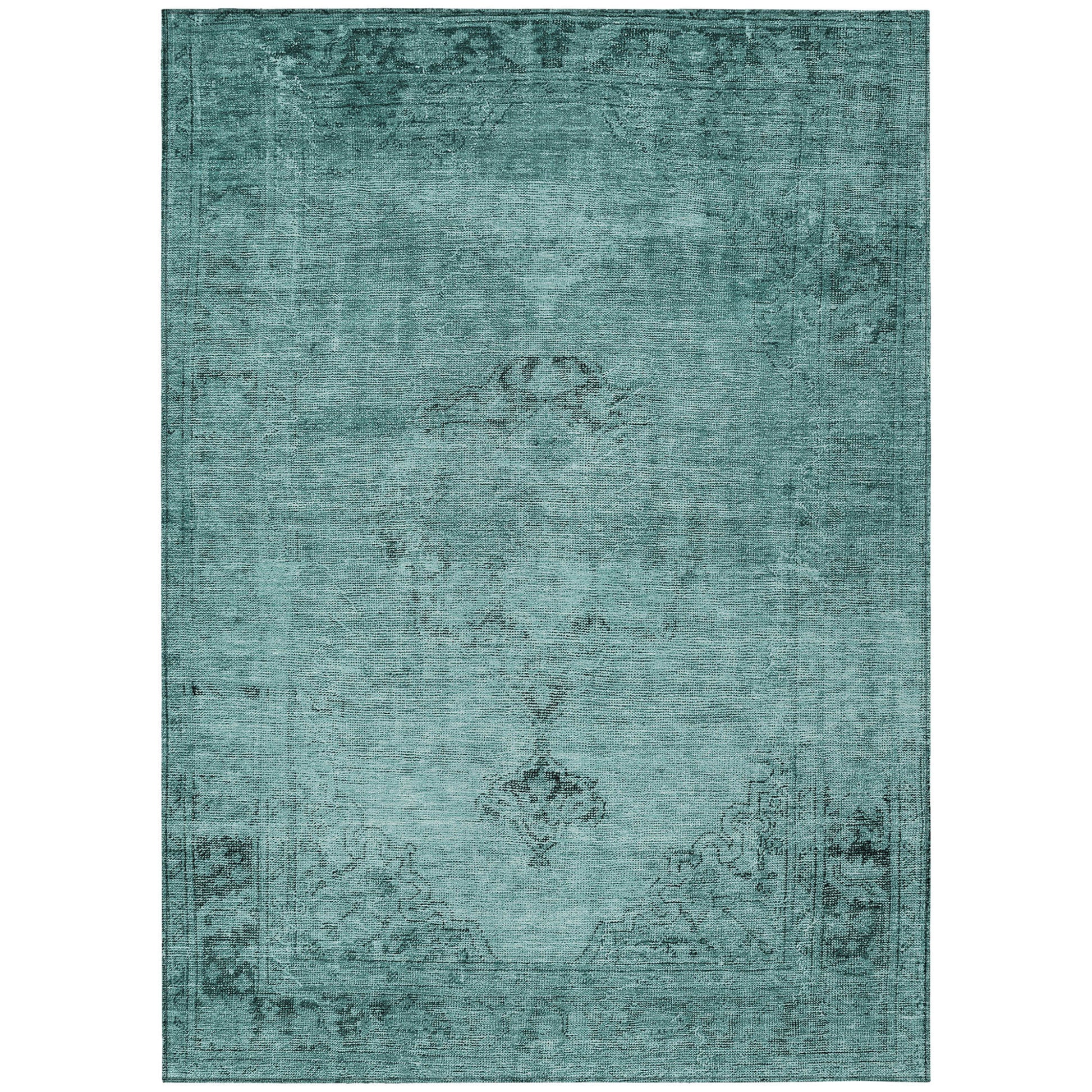 5' X 8' Teal Blue Turquoise And Charcoal Oriental Washable Indoor Outdoor Area Rug-1