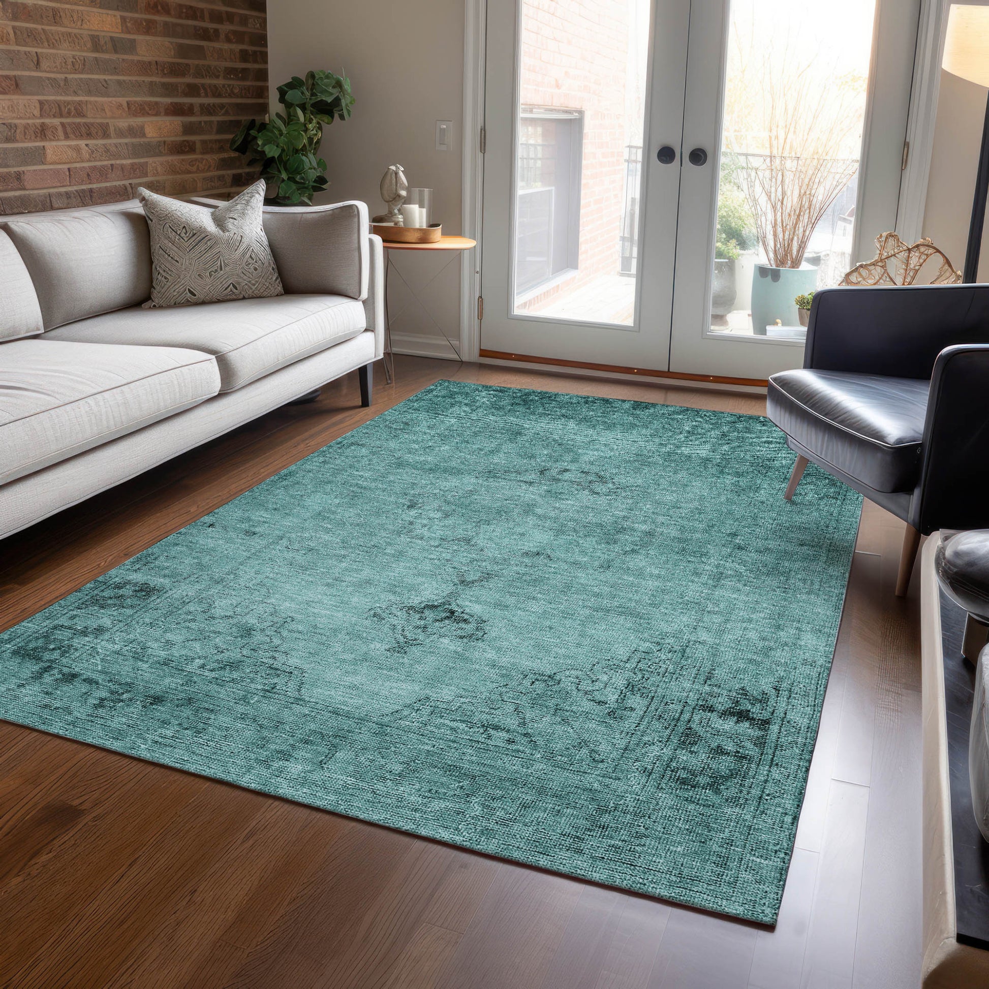 5' X 8' Teal Blue Turquoise And Charcoal Oriental Washable Indoor Outdoor Area Rug-7