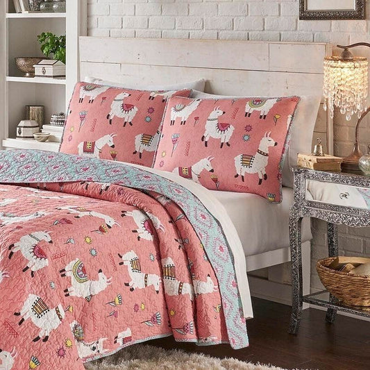 Full/Queen Pink Blue Reversible Floral Llama 100-Percent Cotton Quilt Set-0