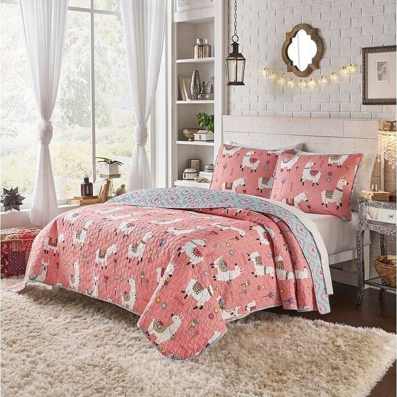 Full/Queen Pink Blue Reversible Floral Llama 100-Percent Cotton Quilt Set-2