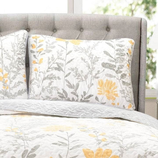 Full/Queen size Yellow Grey Floral Light Thin Cotton Polyester Blend Quilt Set-0